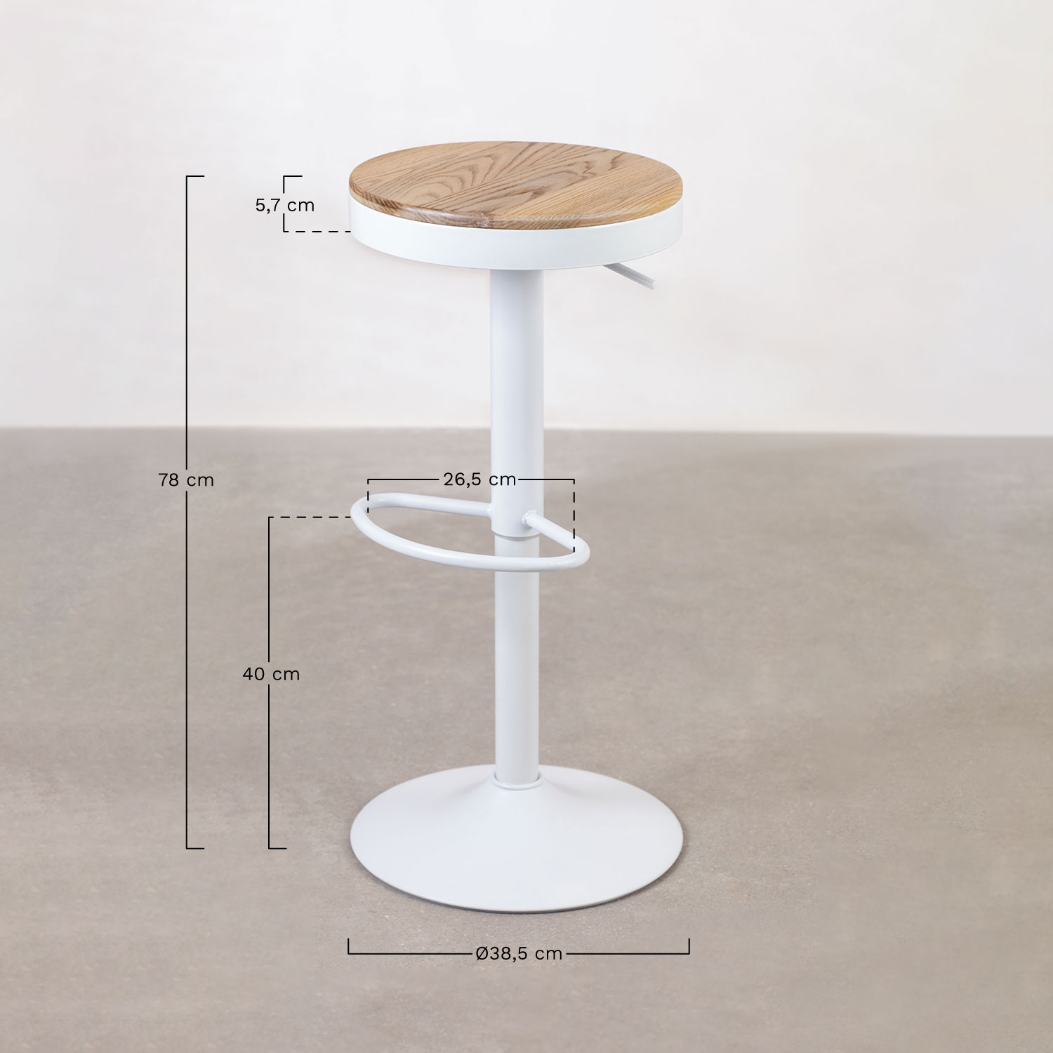Pack of 2 adjustable high stools in steel and Bardder elm wood, medidas