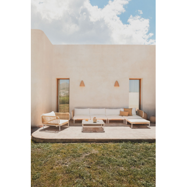 4-piece Modular Garden Sofa With 2 Corner Armchairs, Pouf, Armchair And Roubly Coffee Table Almond Beige - Sklum