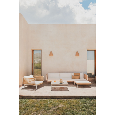 3-piece Modular Garden Sofa With 2 Corner Armchairs, Pouf, Armchair And Roubly Coffee Table Almond Beige - Sklum