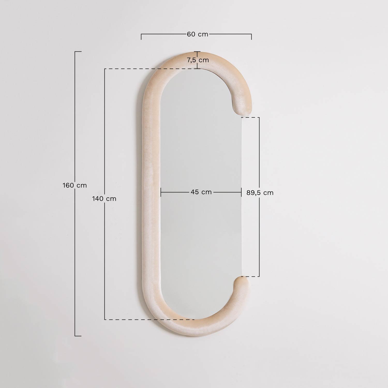 Oval velvet wall mirror 60x160 cm Jasnon, medidas