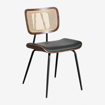 Raysa Dining Chair In Wood, Rattan, And Faux Leather Dark Brown Wood & Leatherette Black - Sklum