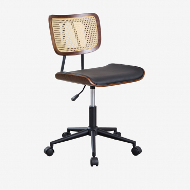 Raysa Desk Chair With Wheels In Wood, Rattan, And Faux Leather Dark Brown Wood & Leatherette Black - Sklum