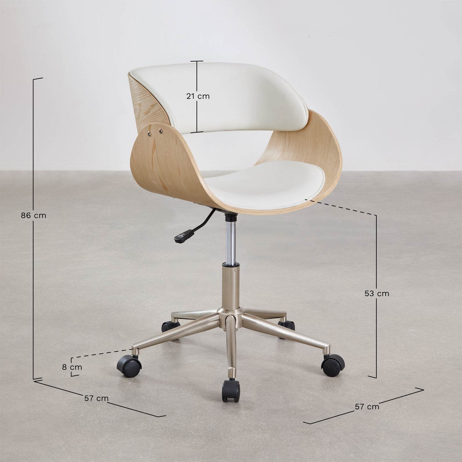 Lorete wooden and faux leather office chair with wheels, medidas