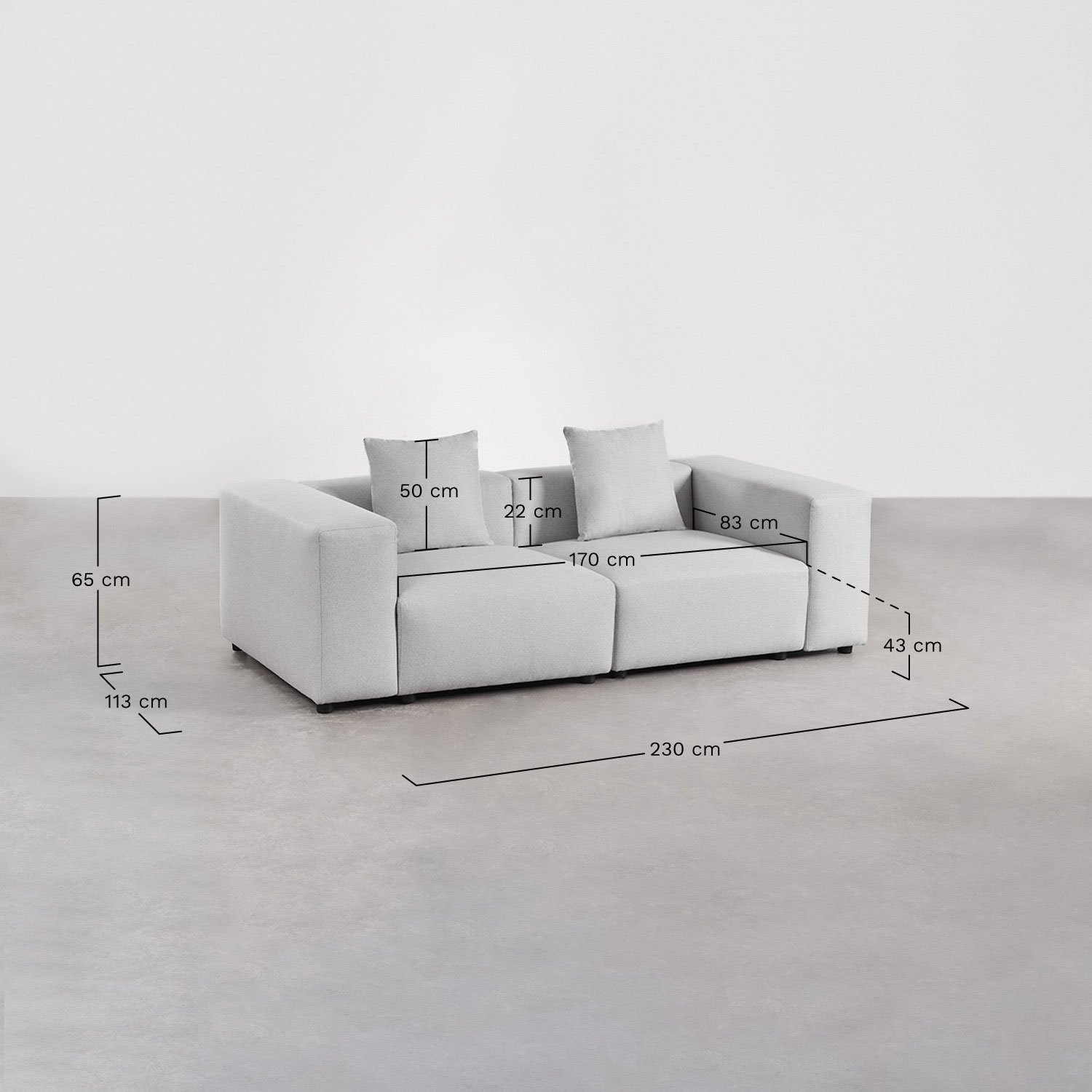 2-piece modular sofa (↔︎230 cm) with high armrest Bruna, medidas