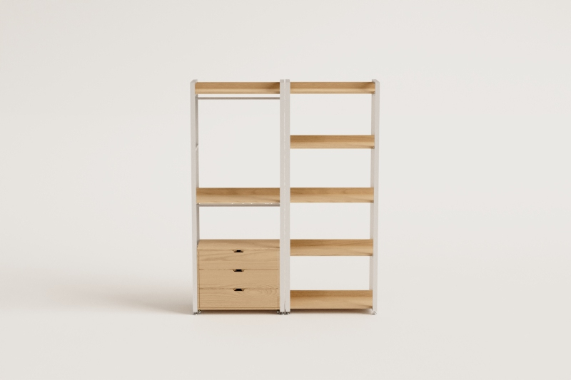 2-Piece Open Modular Wardrobe with Drawers and Shelves in Steel and Wood Ariaster