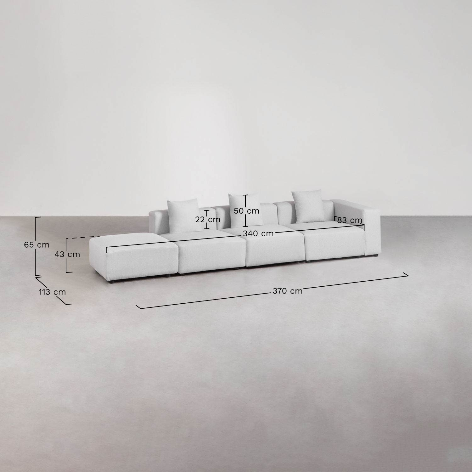 3-piece right corner modular sofa with high armrest and ottoman (↔︎370 cm) Bruna, medidas