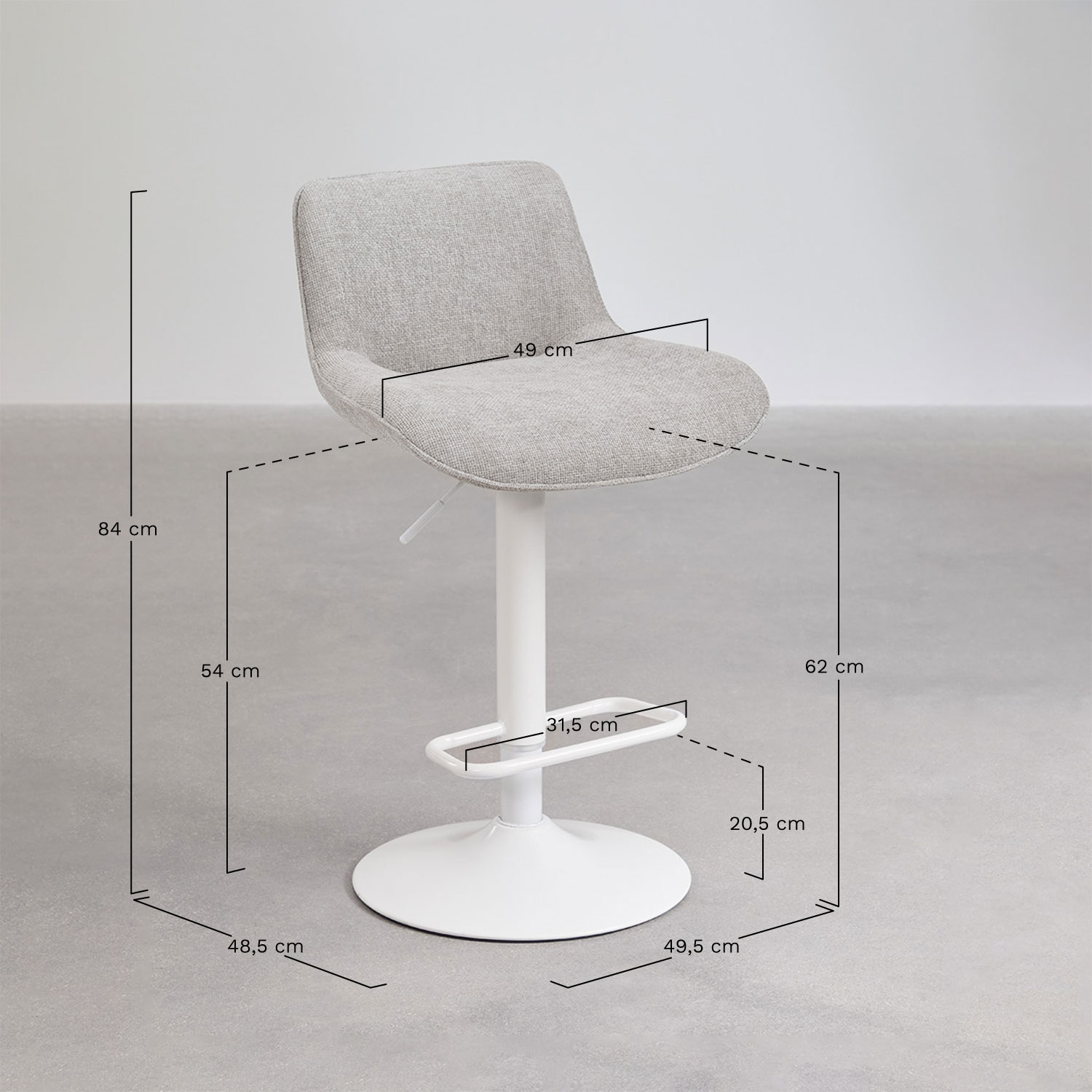 Adjustable high stool with metal and fabric backrest Igarasi, medidas