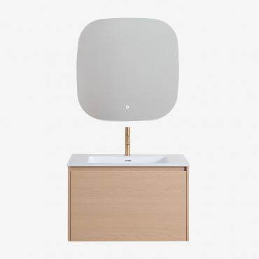 Suspended Wooden Bathroom Furniture Set With Integrated Jacob Sink Natural Wood & Square Led And Anti-fogging 75x75 Cm Riben & Golden ↑20 - Sklum