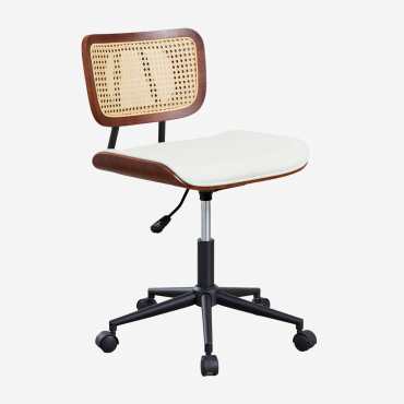 Desk Chair With Wheels In Wood, Rattan And Raysa Leatherette Dark Brown Wood & Leatherette White - Sklum