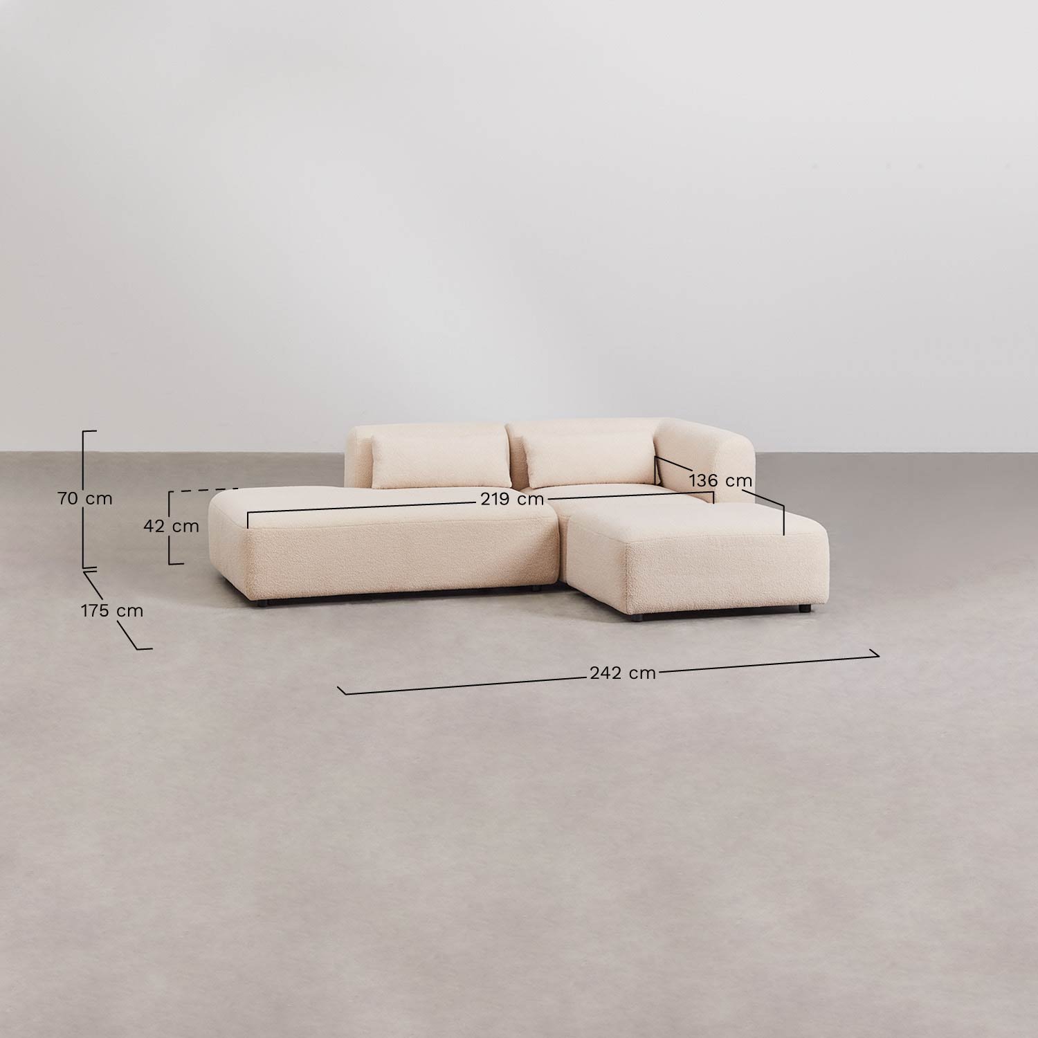 2-piece corner modular sofa with left chaise and Fogler pouf , medidas