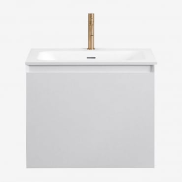 Macrae Suspended Wooden Bathroom Furniture Set With Integrated Sink White & Mirrorless & Golden ↑20 Cm With Overflow Drain Valve - Sklum