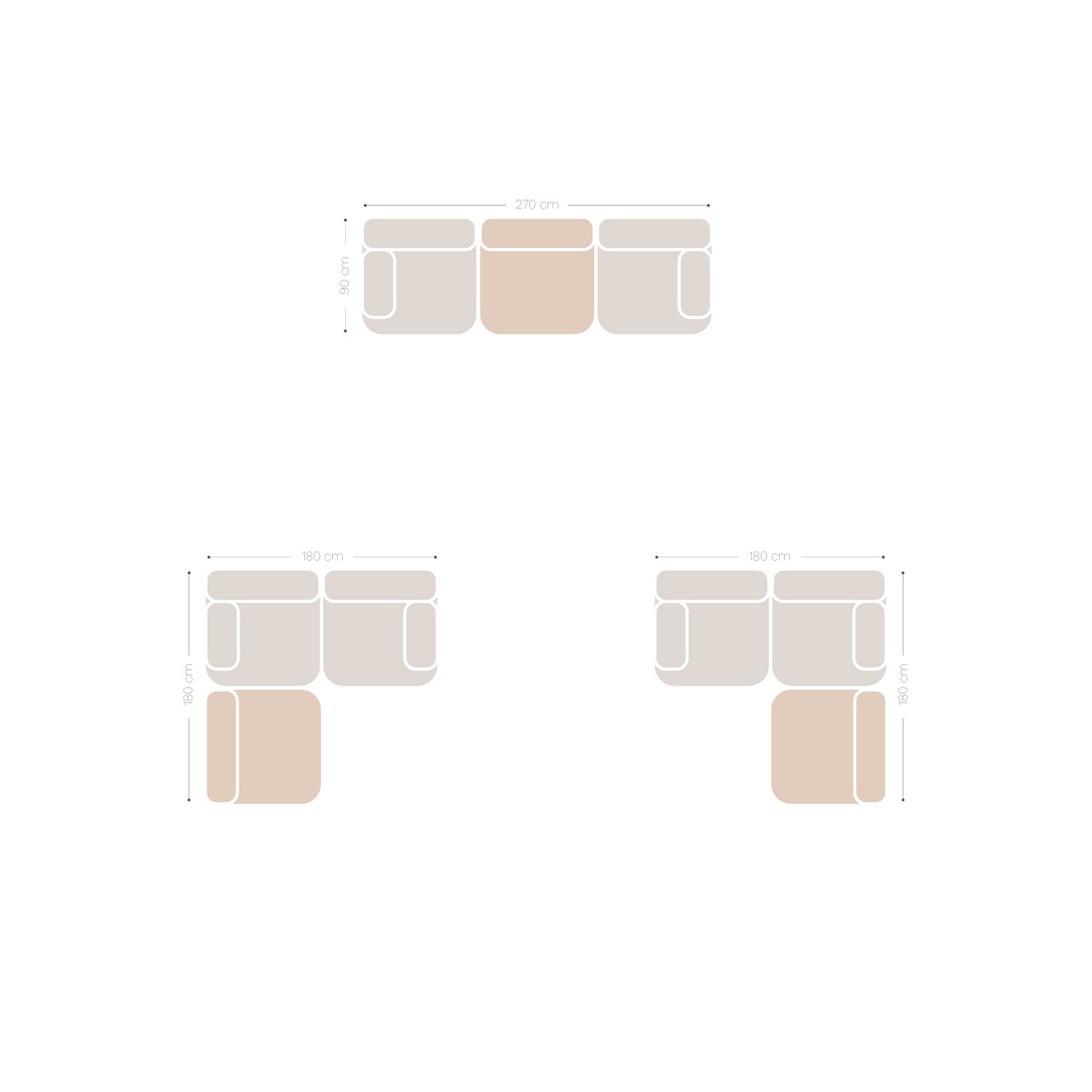 3-piece modular sofa with 2 Kata corner chairs, medidas