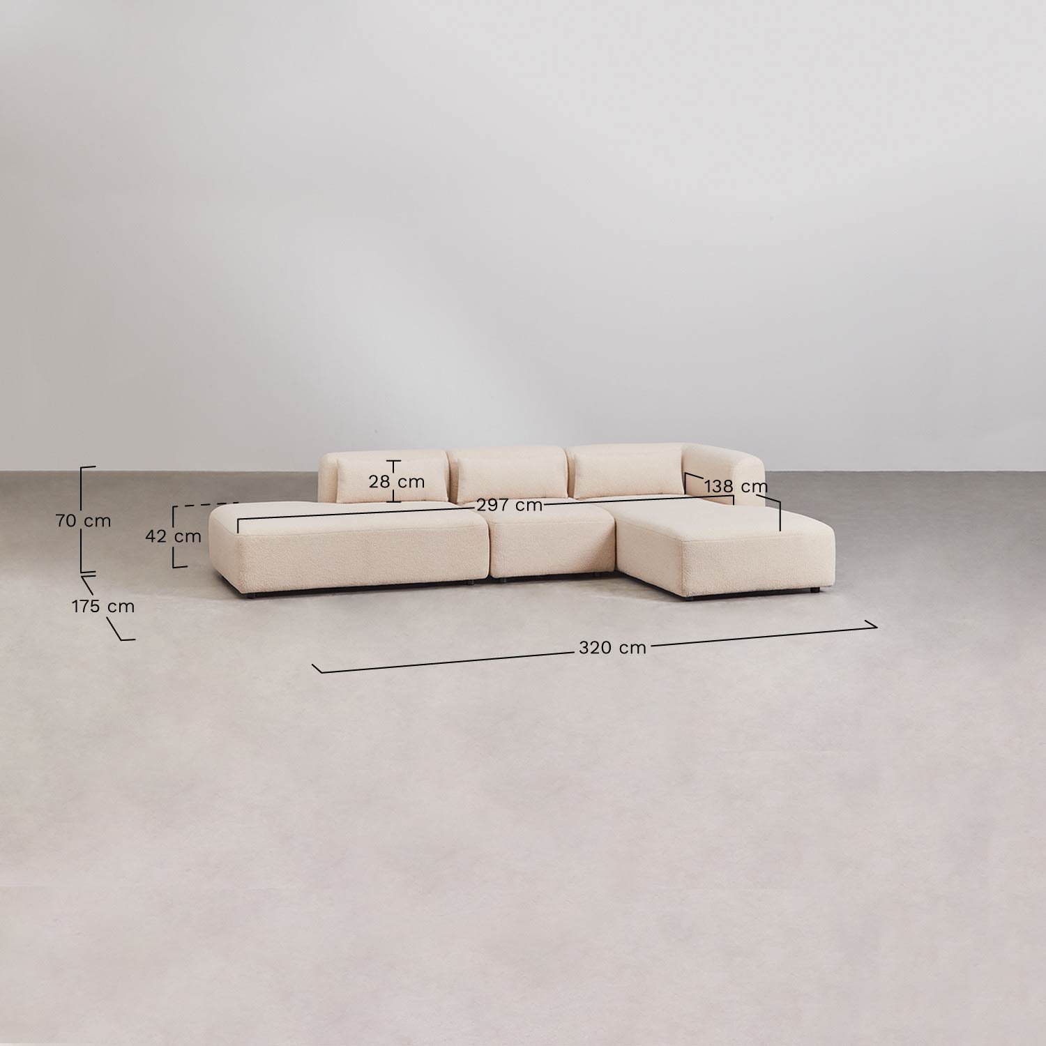 Right 3-piece modular chaise longue sofa with Fogler ottoman, medidas