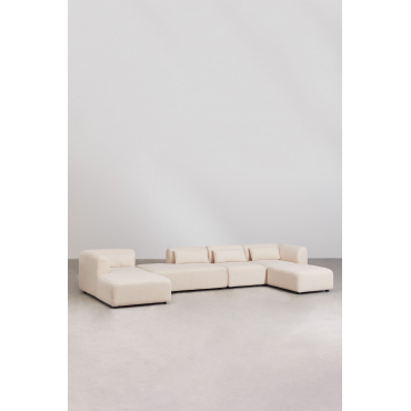 4-piece Left Chaise Longue Modular Sofa With Daybed And Fogler Pouf Teddy Fabric Cream Beige - Sklum