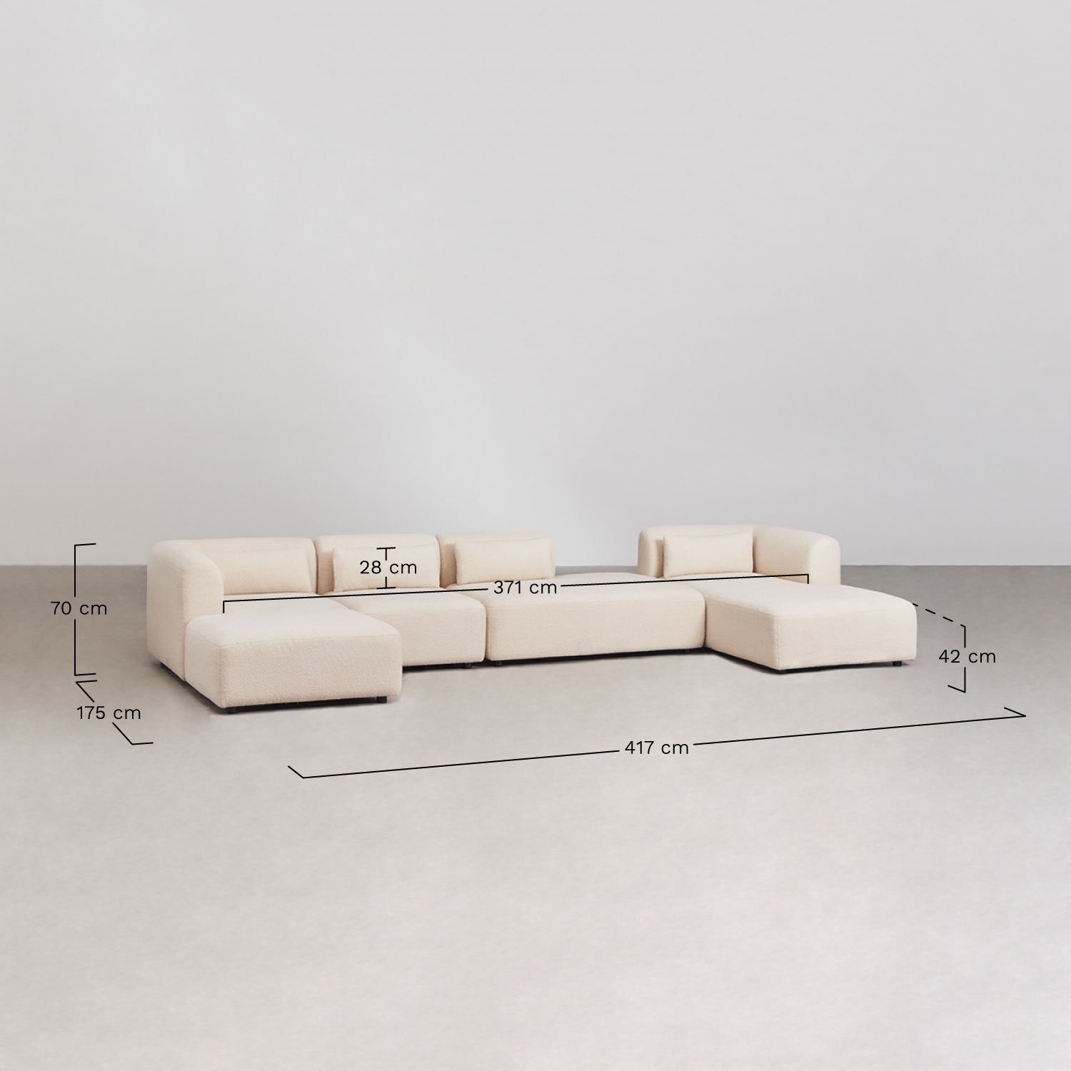 Fogler 4-Piece Right Chaise Longue Modular Sofa with Daybed and Ottoman, medidas