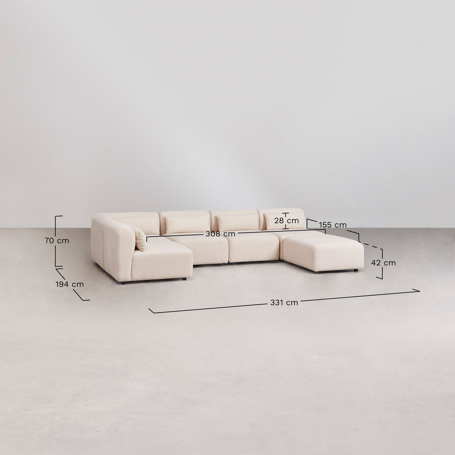 Fogler 5-piece modular corner sofa with pouf, medidas