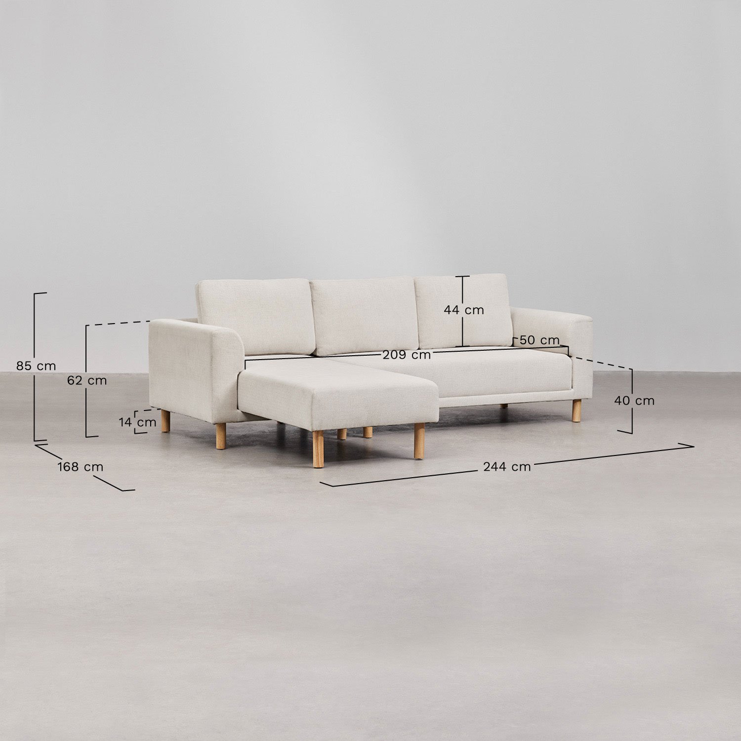 Caspian 3-seater chaise longue sofa, medidas