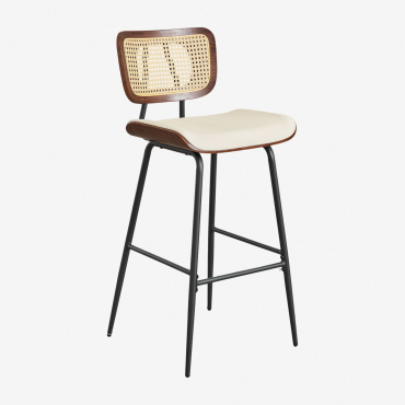 High Stool In Wood, Rattan And Raysa Leatherette Dark Brown Wood & ↑75 Cm & Leatherette Off-white - Sklum