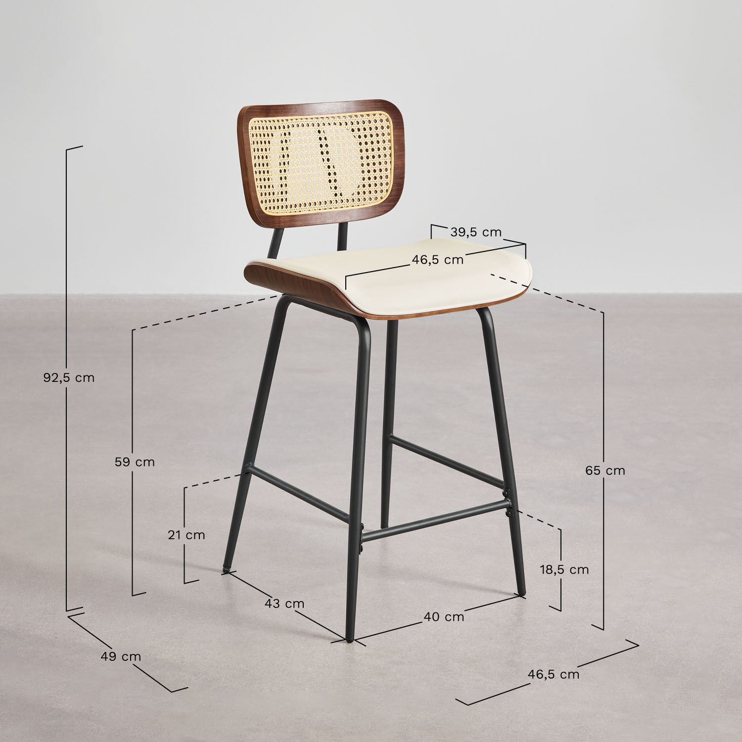 High stool in wood, rattan and Raysa leatherette, medidas