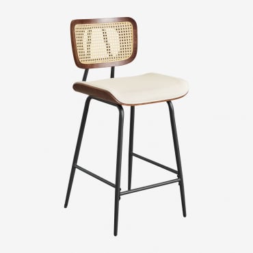 Pack Of 2 High Stools In Wood, Rattan And Raysa Leatherette Dark Brown Wood & ↑65 Cm & Leatherette Off-white - Sklum