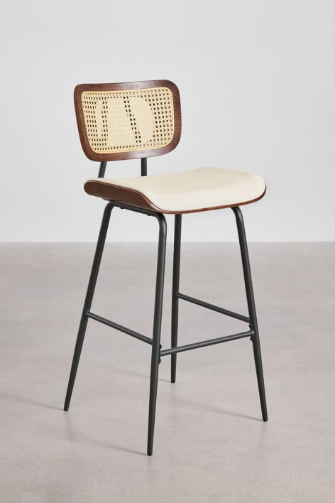 2-Pack high stools 75 cm in dark wood, rattan and off-white faux leather Raysa - Leatherette Off-White