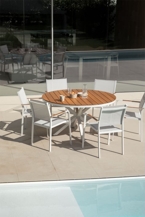 Round table set Ø140 cm in eucalyptus wood and 6 stackable garden chairs in aluminum Archer - Gardenia White