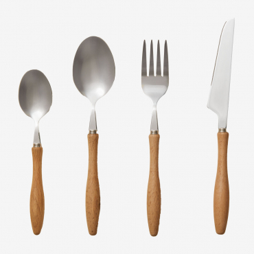 Cutlery In Stainless Steel And Beech Wood Handle, 16 Pieces Midra Grey Brass - Sklum