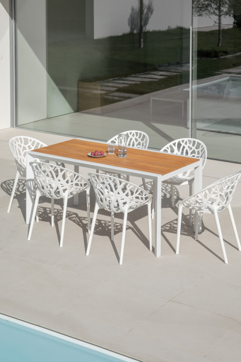 Archer Classic 160x90 cm rectangular table set in eucalyptus wood and aluminum with 6 stackable Ores garden chairs - Gardenia White