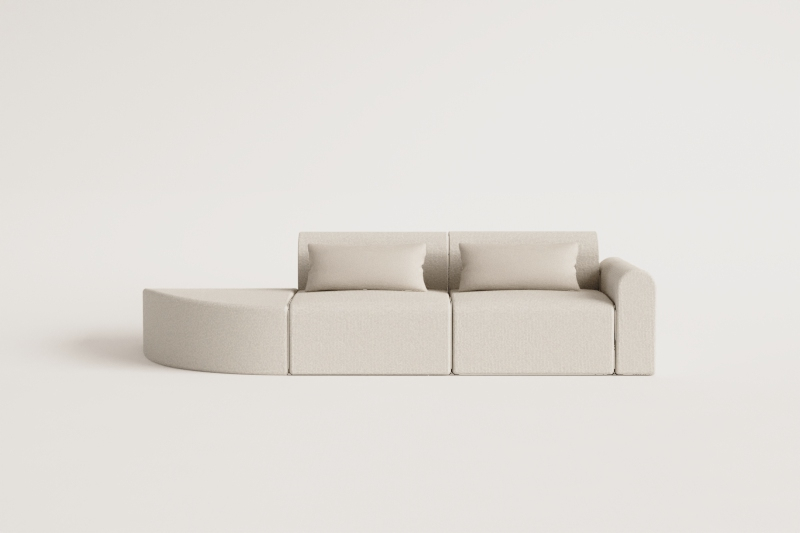 2-piece modular corner sofa on the right with a triangular pouf in Borjan sheepskin