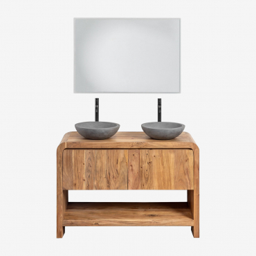 Vacry Wooden Bathroom Furniture Set Acacia Brown & 2 X Round Gray Cement Ø40 Cm Tarsis & Rectangular Led And Anti-fog 100x70 Cm Riben & 2 - Sklum