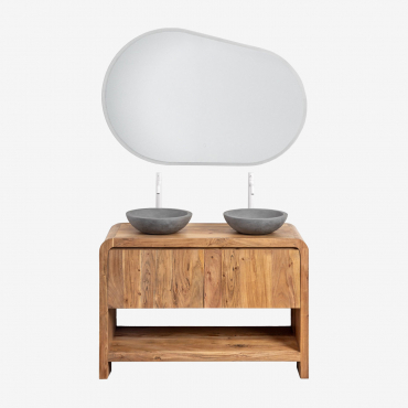 Vacry Acacia Wood Bathroom Furniture Set Acacia Brown & 2 X Round Gray Cement Ø40 Cm Tarsis & Oval Led And Anti-fog 120x80 Cm Meunier & 2 - Sklum