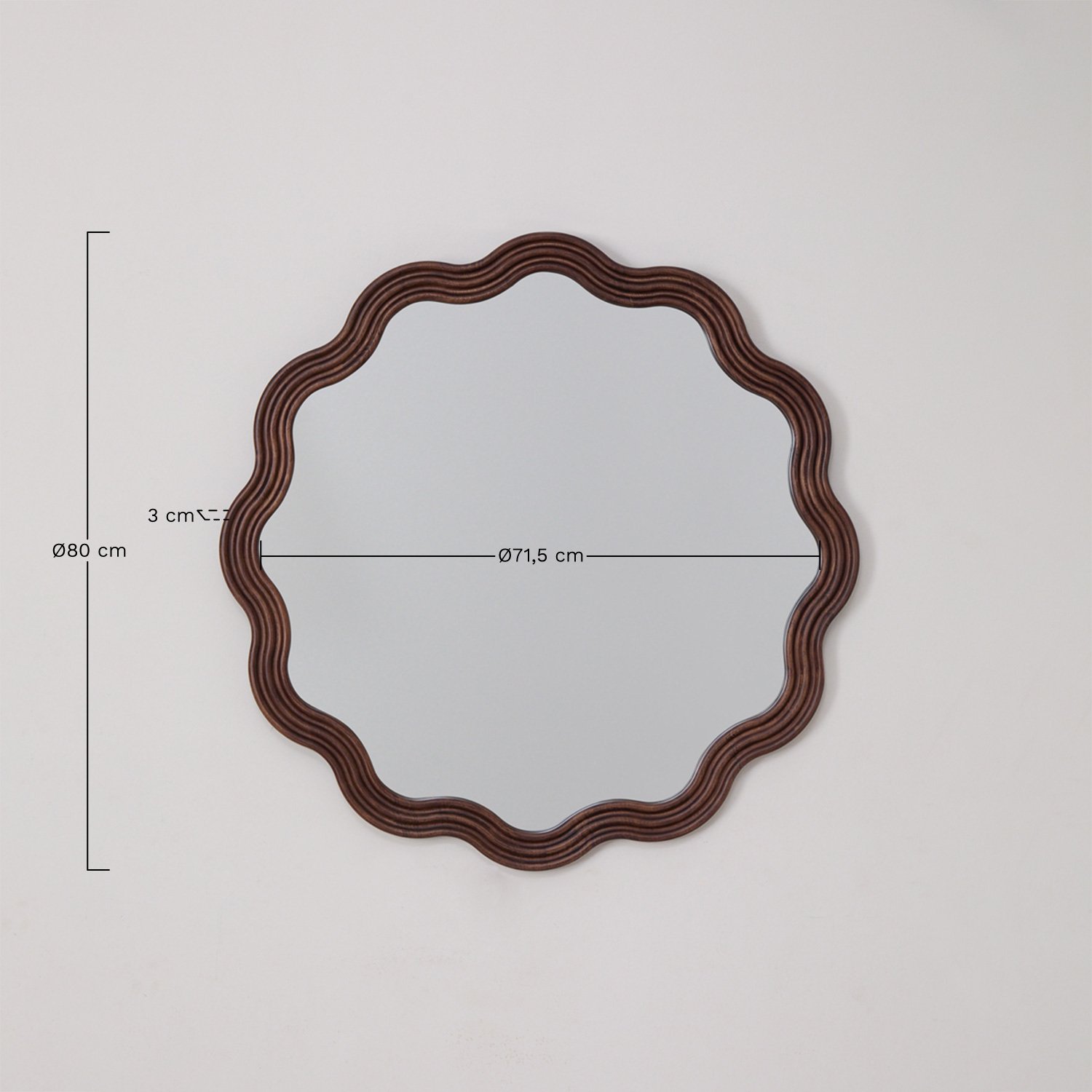 Round wall mirror in oak wood Ø80 cm Luesia, medidas