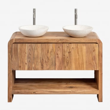 Vacry Wooden Bathroom Furniture Set Acacia Brown & 2 X Round White Cement Ø40 Cm Zavion & Mirrorless & 2 X Brushed Grey ↑30 Cm - Sklum