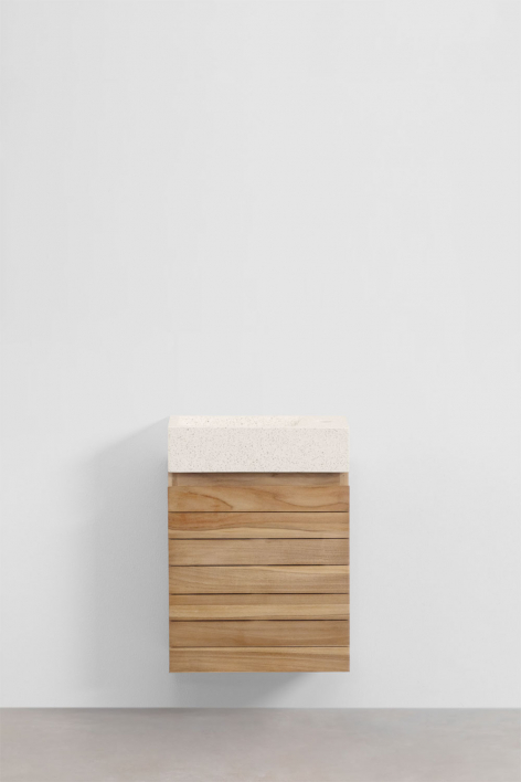 Suspended teak wood bathroom furniture set with integrated Napier cement sink - teak wood