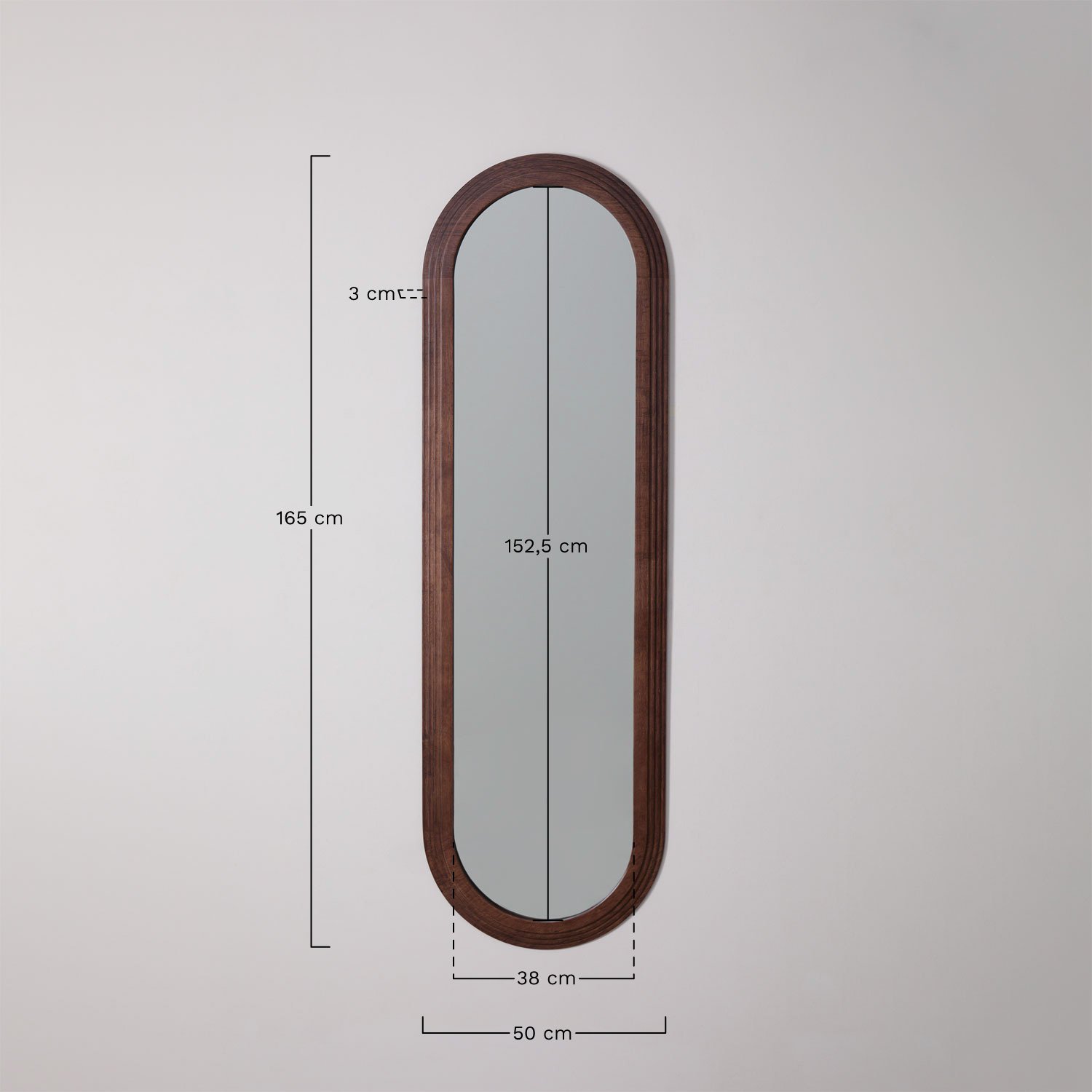 Oval wall mirror 50x165 cm in oak wood Munar, medidas