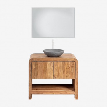 Vacry Acacia Wood Bathroom Furniture Set Acacia Brown & Round Grey Cement Ø40 Cm Tarsis & Rectangular Led And Anti-fog 100x70 Cm Tamsin - Sklum