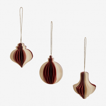 Set Of 3 Luriane Paper Christmas Ornaments Garnet Red - Sklum
