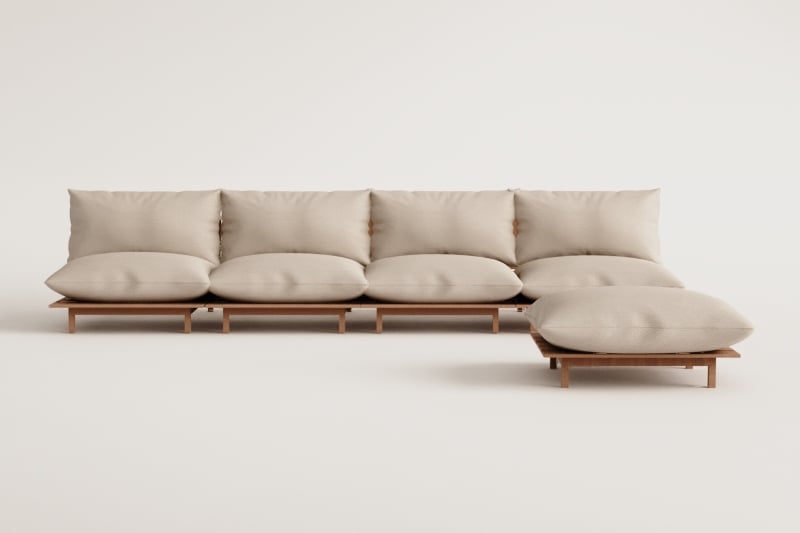 4-Piece Reclining Modular Sofa with Puff in Acacia Wood Brina