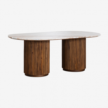 Oval Dining Table 200x100 Cm In Natural Stone And Mango Wood Giselda Brown Marble Toronto - Sklum