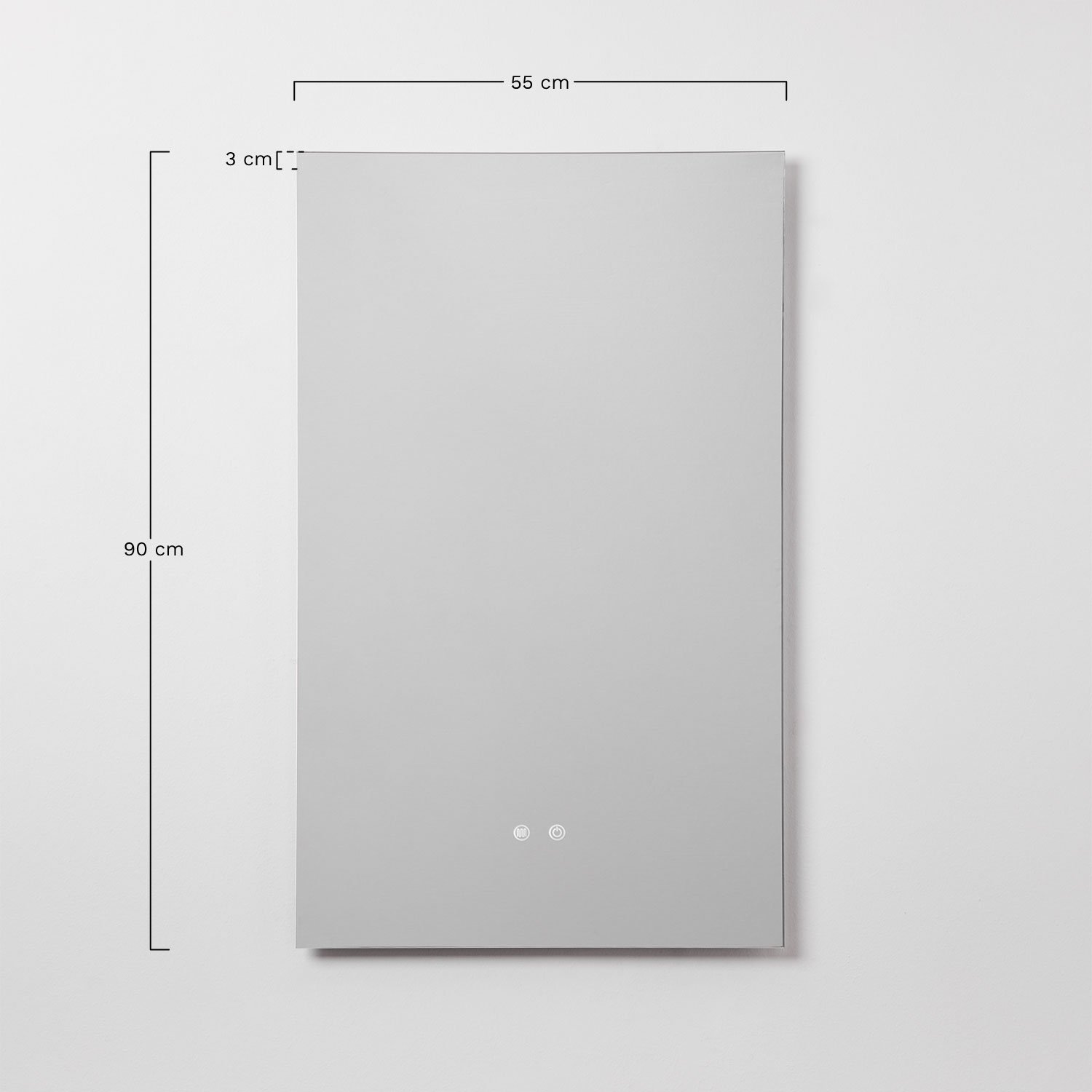 Rectangular wall mirror 55x90 cm for bathroom with LED light and anti-fog Riben, medidas