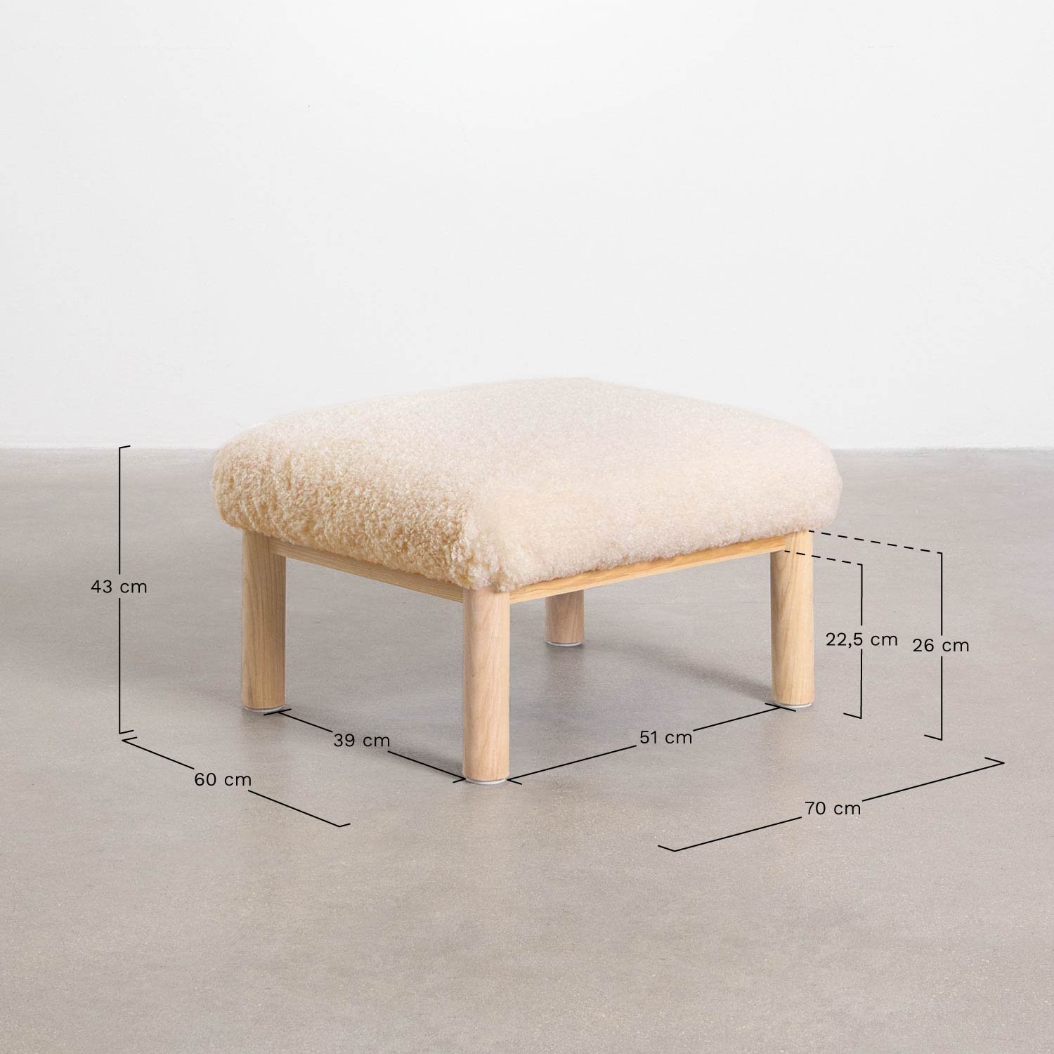 Bernia sheepskin and ash wood footrest, medidas