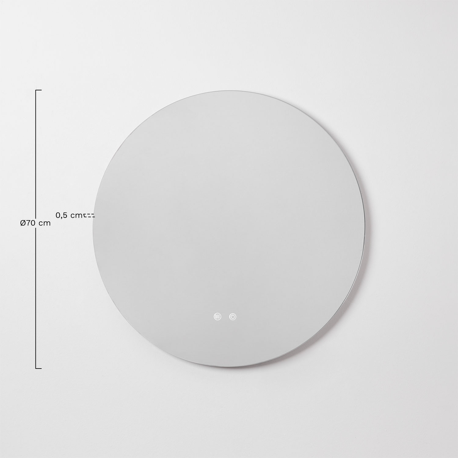 Round wall mirror Ø70 cm for bathroom with LED light and anti-fog Riben, medidas