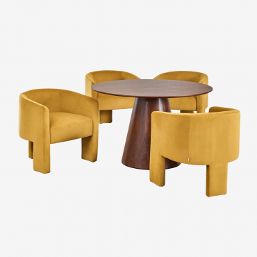 Set Of Round Table In Walnut Veneer (ø120 Cm) Aura And 4 Xastru Velvet Dining Chairs Walnut Veneer - Sklum