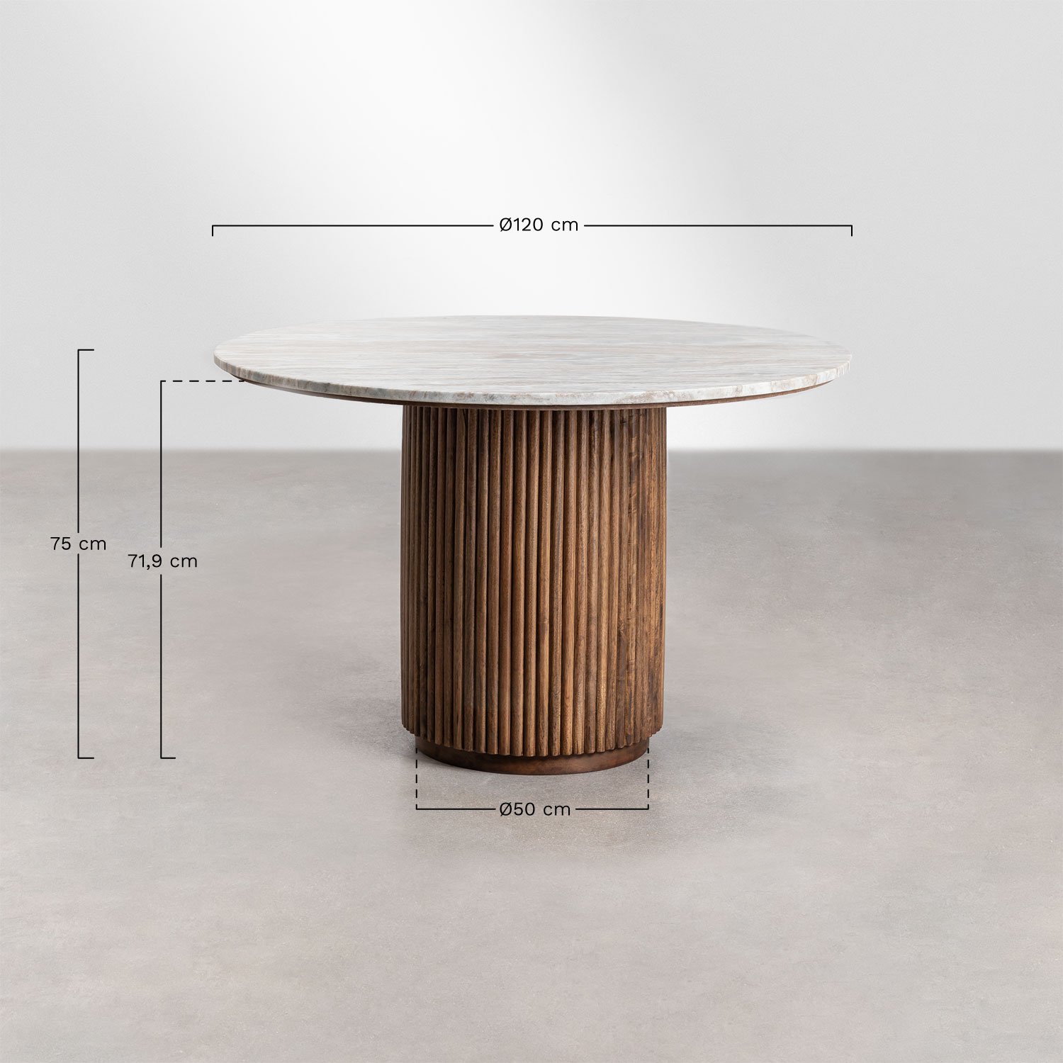Giselda round table set Ø120 cm in marble and mango wood and 4 Xastru velvet dining chairs, medidas