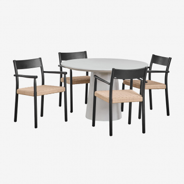 Set Of Round Cement Table (ø120 Cm) Noemi And 4 Dining Chairs In Oak Wood And Braided Rope Mara Sand Grey - Sklum