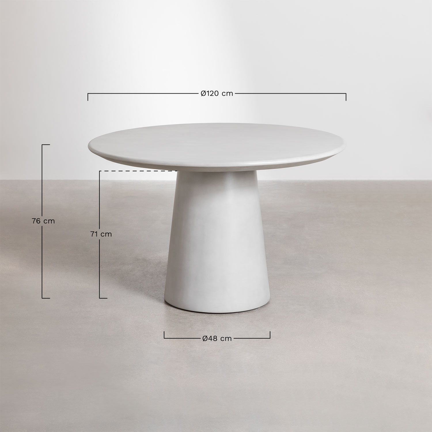 Set of round cement table (Ø120 cm) Noemi and 4 dining chairs in oak wood and braided rope Mara, medidas