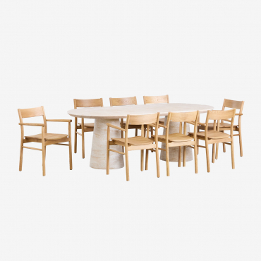 Noemi Oval Table Set 220x95 Cm In Travertine Look Cement And 8 Mara Signature Oak Dining Chairs Look Travertino - Sklum