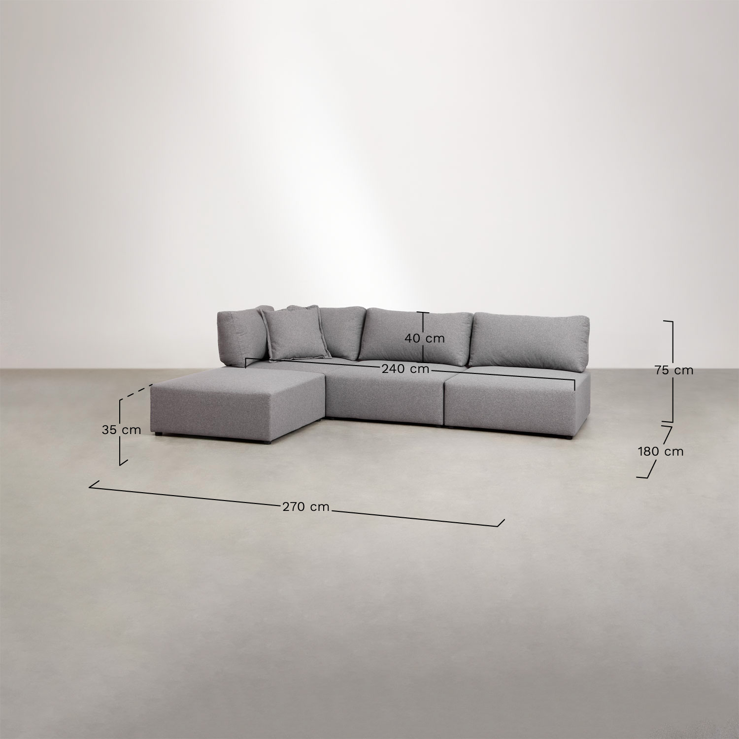 3-piece modular corner sofa with Kata pouf, medidas