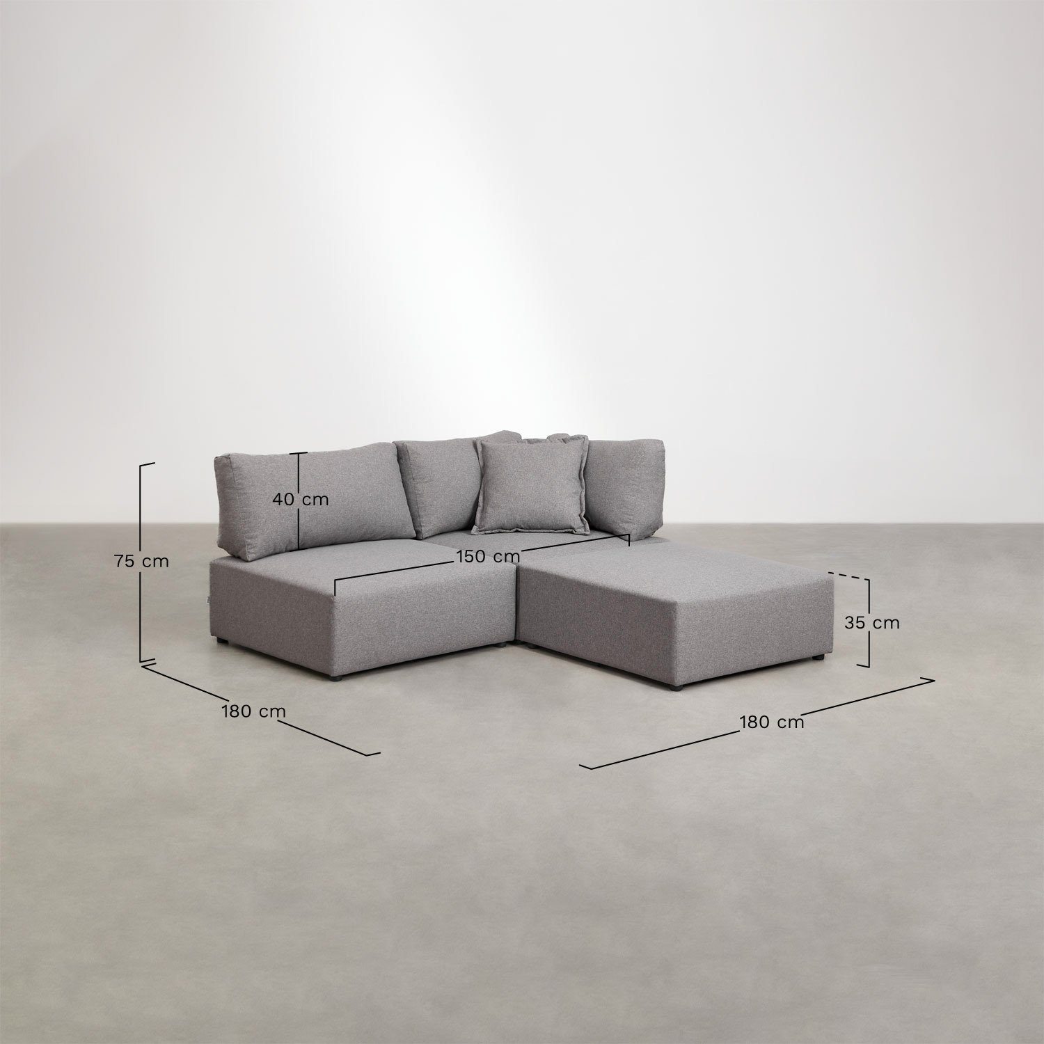 2-piece modular corner sofa with Kata pouf, medidas