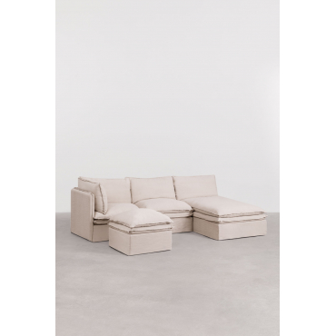 Grace Linen And Cotton 3-piece Chaise Longue Modular Sofa And Pouf Fabric Beige - Sklum